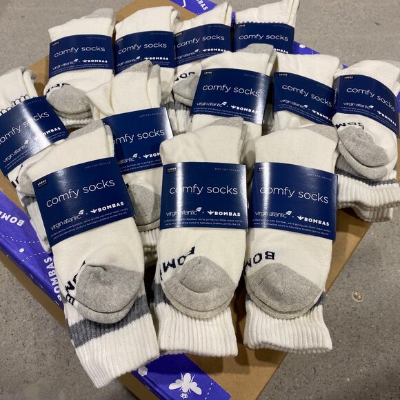 [24 Pairs] BNWT BOMBAS x Virgin Atlantic Vintage Stripe Calf Sock - White/Grey L
